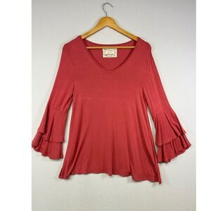 Boho Romantic Cupio Blush Womens Small Red Tiered Ruffle Bell Sleeve V-Neck Top